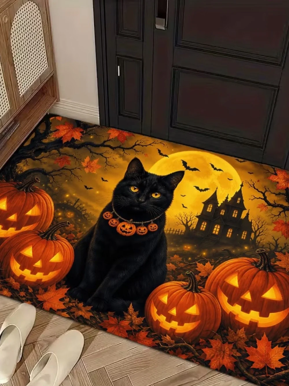 🎃 Halloween Black Cat Floor/Door Mat - Orange Pumpkin Black Cat Design 🐈‍⬛